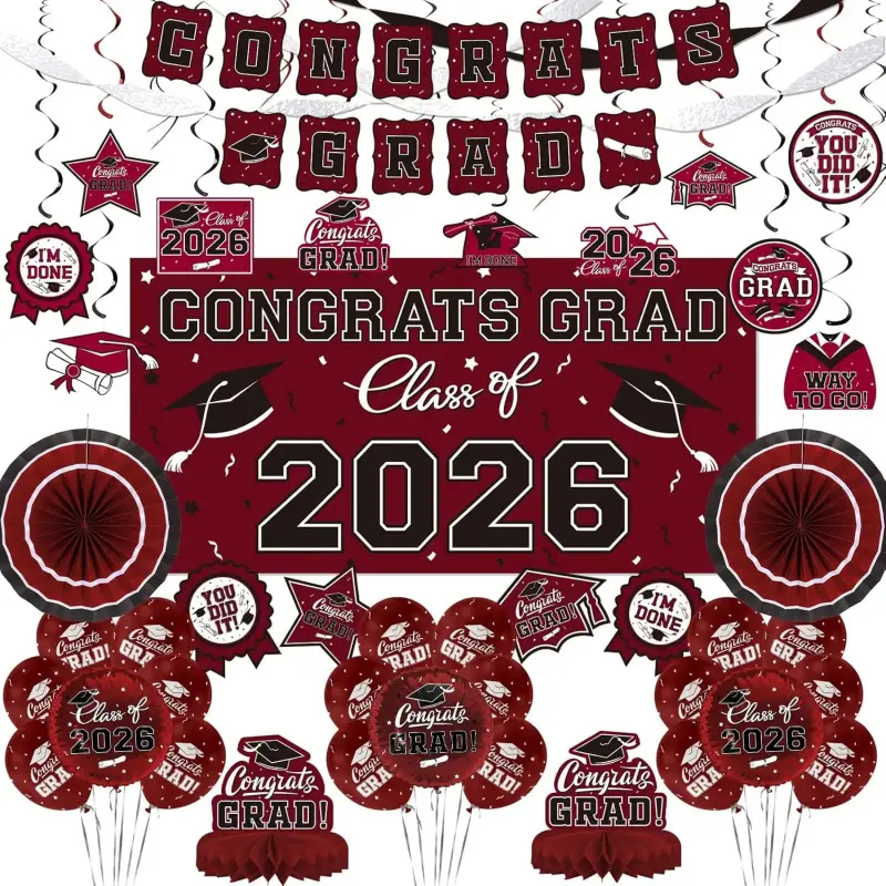 2026 Maroon Themed Graduation Decorations Set - Congrats Grad Banner, Class of 2026 Backdrop, Balloons, Streamers Kit - Complete Party Supplies for High School Celebrations