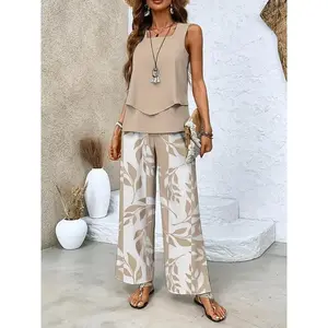 Printed Women's Long Pants and Sleeveless Top Set, Casual Versatile ComfortableRAIMENTRY