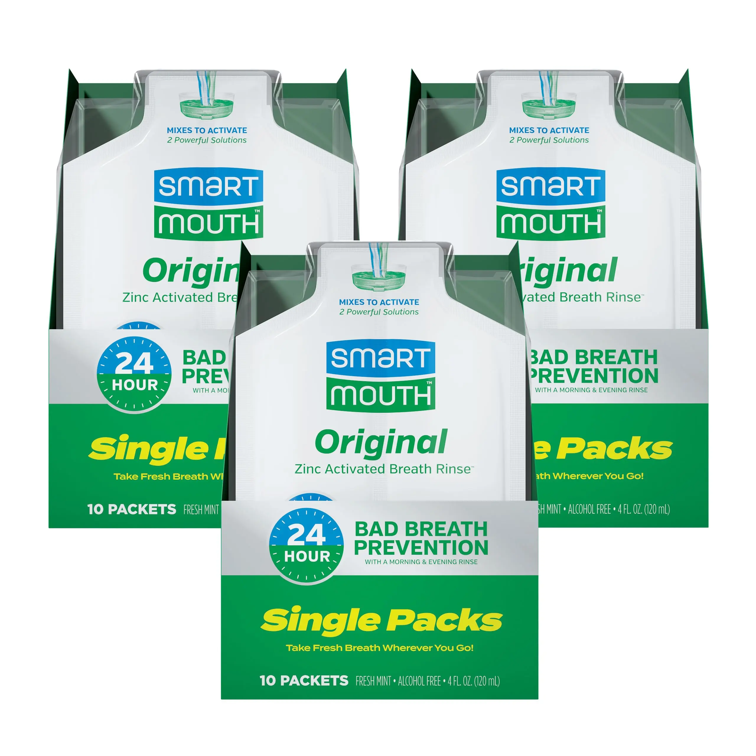 SmartMouth Original Zinc Activated Mouthwash Single Packs - Disposable Mouthwash Packets for Fresh Breath - Eliminates Bad Breath & Odors - Alcohol & Fluoride-Free - Fresh Mint - 10 Count, 3 Pack