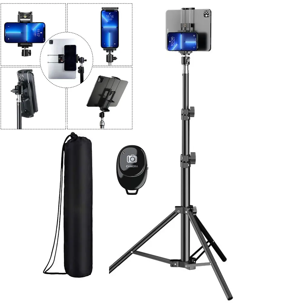 Tablet Floor Tripod Stand 67'' Tripod With Tablet Holder/Phone Holder Angle&Height Adjustable Carbon Alloy Steel Tripod For Video Recording Photos Vlog Accessories