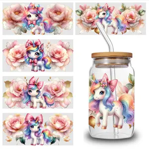 5 Sheets Unicorn Roses UV DTF Stickers Cartoon UV DTF Transfer Sticker for Water Cup Glass Bottle Glass Jar, Cup Wrap Sticker, Cartoon Decal, Waterproof Decorative