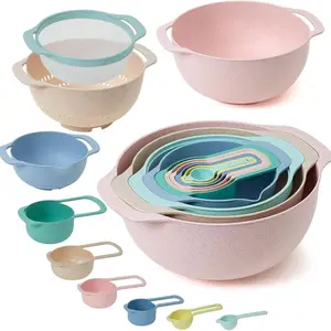 10 Pcs Nesting Bowls with Measuring Cups Colander and Sifter Set Includes 2 Mixing Bowls, 1 Colander, 1 Sifter and 6 Measuring Cups,Pink,Mint Green Kitchen Utensils