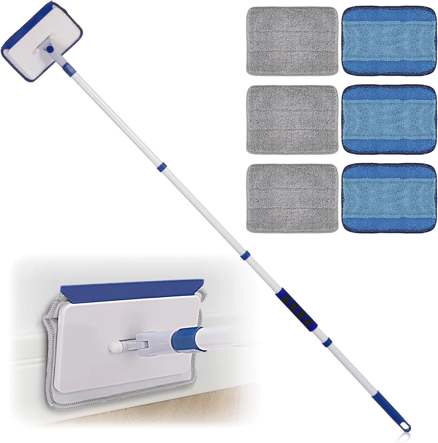 Contour-Fit Baseboard Cleaner Tool with 60 In Long Thick Rubber Handle, Extendable Multi-Surface Wall Floor Mop Duster with 6 Replaceable Machine-Washable Pads, Low-Carbon Shipping for Skirting Board Cleaning