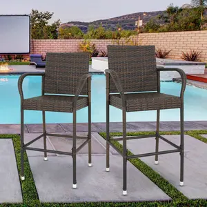 Segawe 2 Pack Rattan Wicker Bar Stool Outdoor Backyard Chair Patio Furniture W/ Armrest Brown