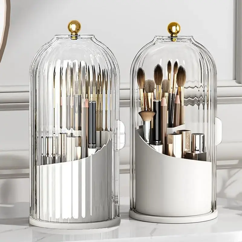 Makeup Brush Holder with Lid, 1 Count 360 Degree Rotatable Makeup Brush Storage Box,Multi-Functional Storage Bucket，Beauty Organizer，Waterproof Dustproof Makeup Brush Organizer for Dressing Table