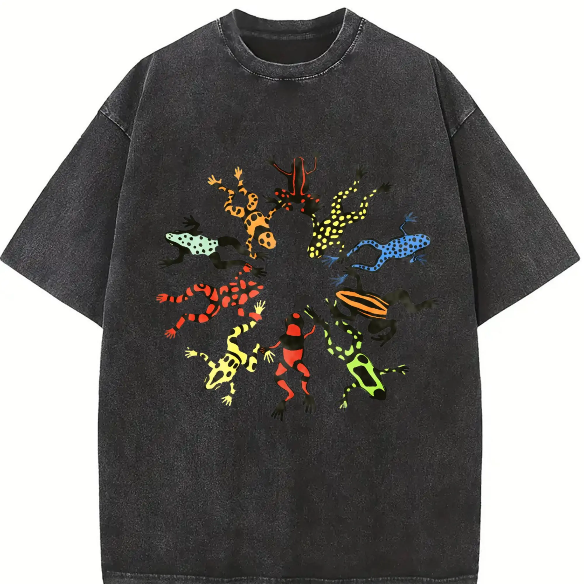 Washed, Dancing Frog Feast Print T-shirt, High-quality Batik Vintage Fashion Brand T-shirt, Unisex T-shirt, Popular Daily Wear T-shirt, Holiday Gift, Perfect Present