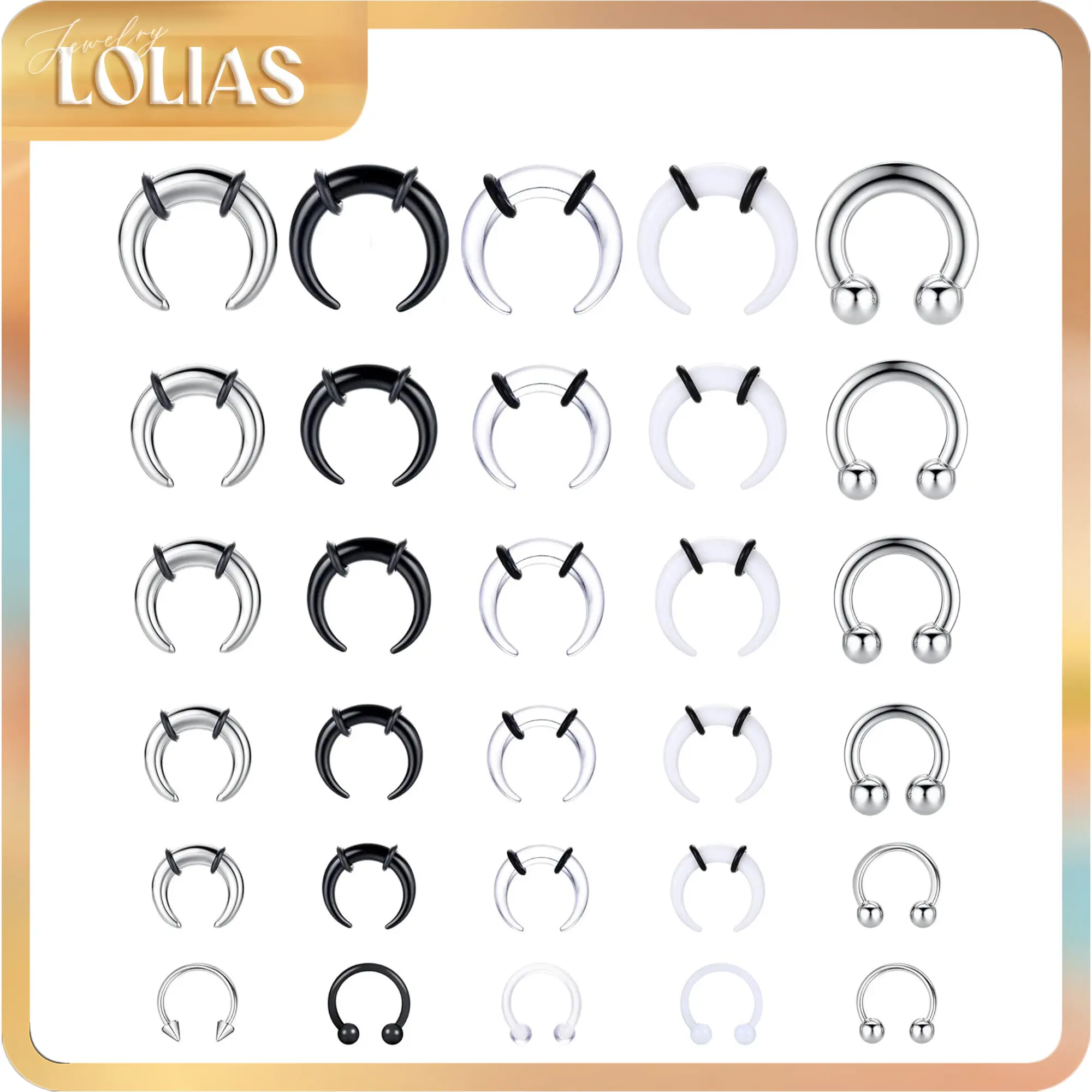 LOLIAS Unisex Fit Multiple Gauges (16G-6G) Hypoallergenic Acrylic/SS Body Jewelry Kit - Internally Threaded Stainless Steel Spike, Horseshoe Barbells, Septum Rings for Nose Piercing, Ear Cartilage Stretching, Party Wear