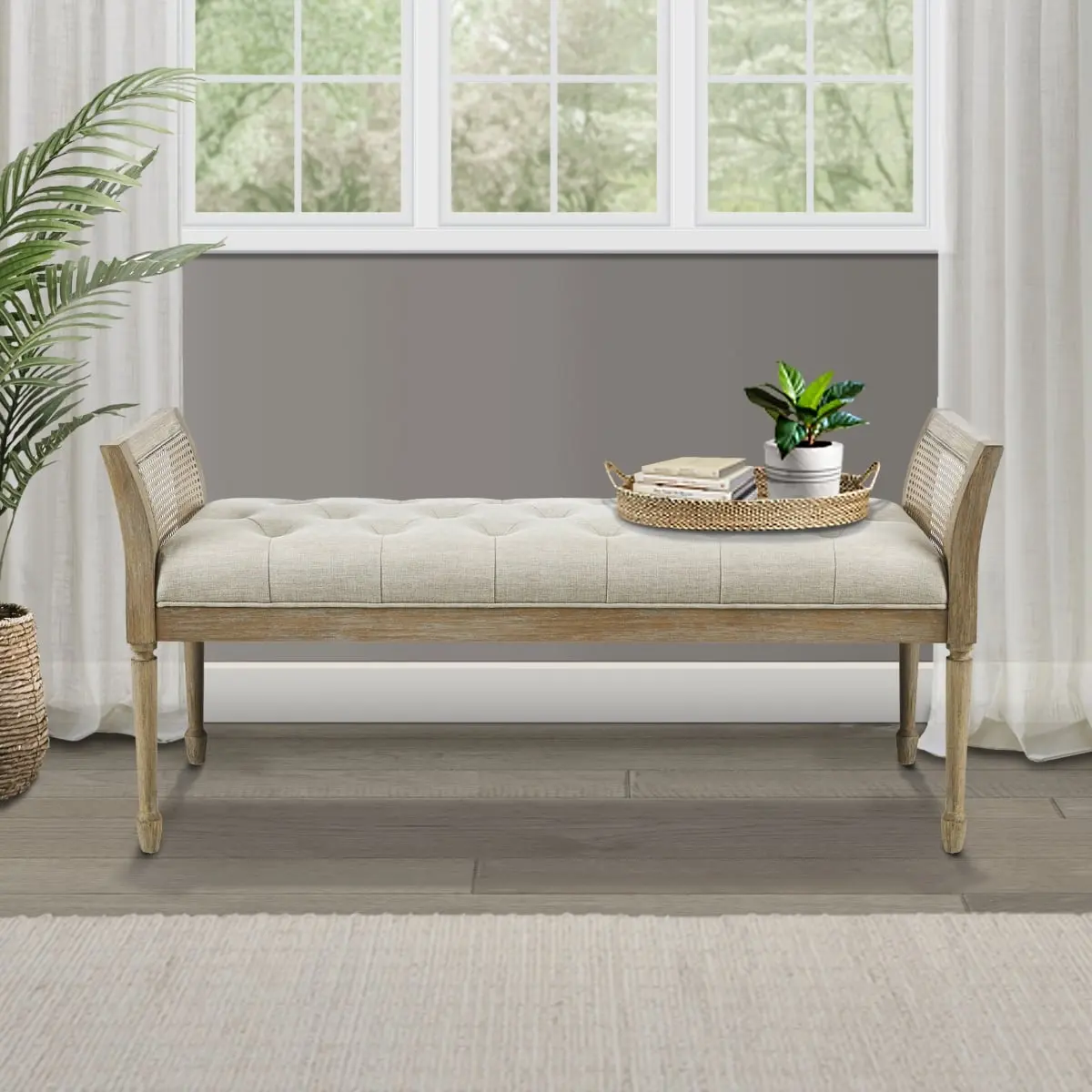 Martha Stewart MT105-0159 Isla Accent Bench - 48.5x18x24 in, Natural, Reclaimed Rustic Farmhouse Neutral Wood Cane Bench with Fabric Exterior, Reclaimed Benches, Rustic Farmhouse Benches