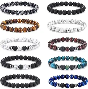 10 Pcs Tiger Eye Bracelet For Men 8MM Natural Stone Beads Bracelet Set Stretch Lava Rock Bracelets Adjustable Black Crystal Beaded Bracelet for Men Women Gifts summerwins