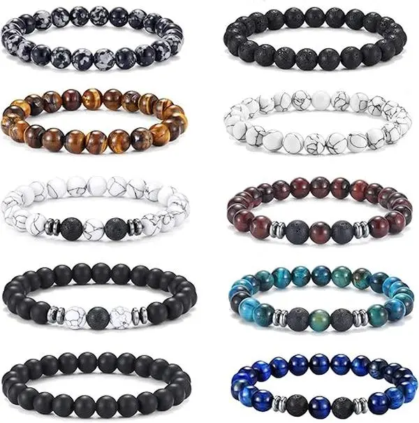 10 Pcs Tiger Eye Bracelet For Men 8MM Natural Stone Beads Bracelet Set Stretch Lava Rock Bracelets Adjustable Black Crystal Beaded Bracelet for Men Women Gifts