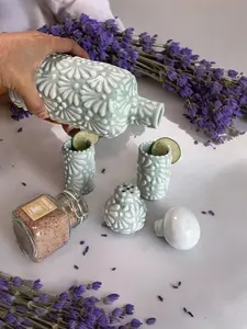 Green Tavalera Pottery Ceramic Set Decanter Dulce Nostalgia Edition Luxury 500 ml, Tequila Bottle Set, Decanter, Pottery Decanter