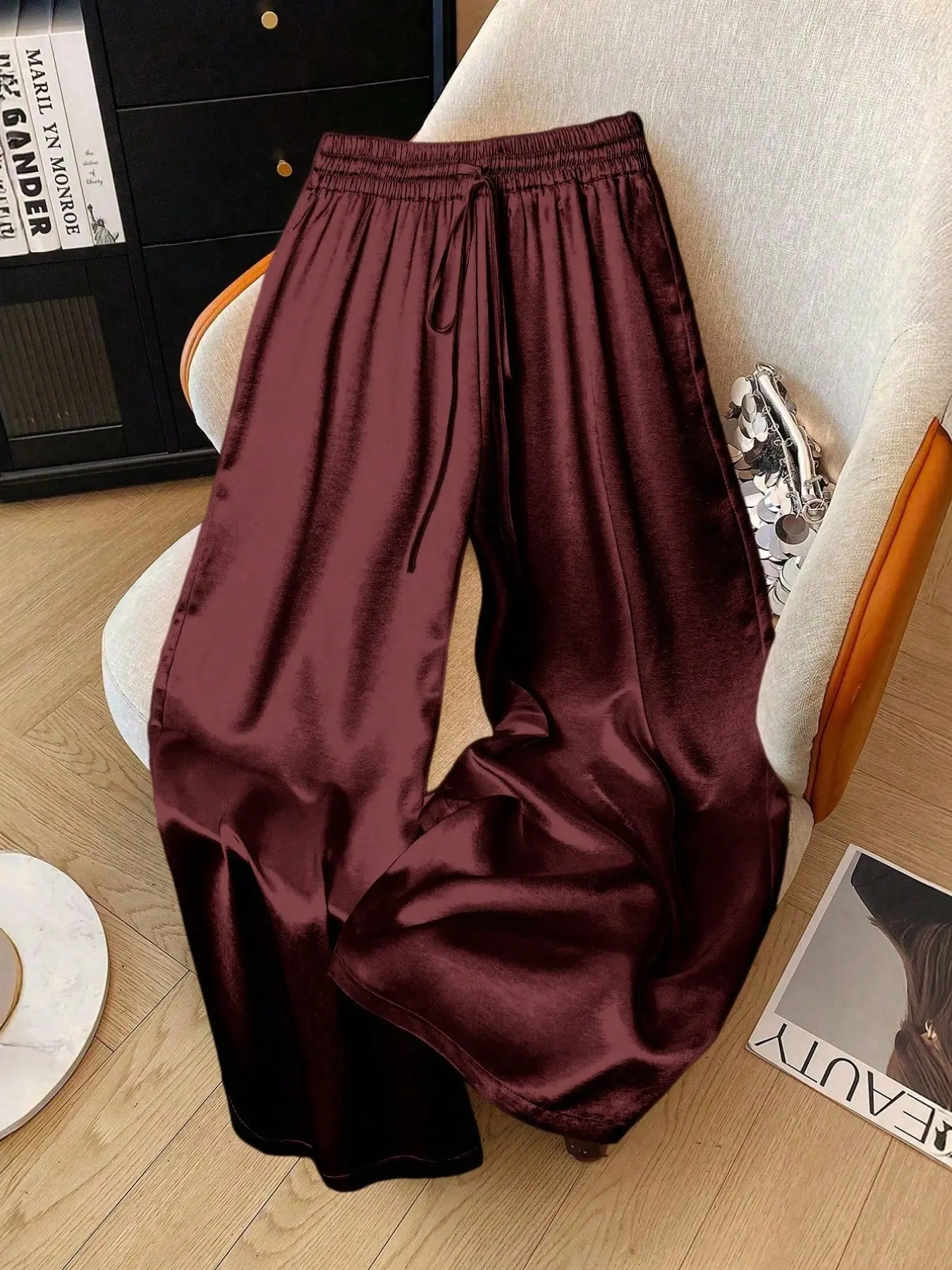 Women's Glitter Satin Wide Leg Pants, Casual Lounge Pant, Casual Comfy Baggy Loose Fit Elastic Waist Drawstring Pockets, All Seasons Fashion for Home Vacation Party Womenswear