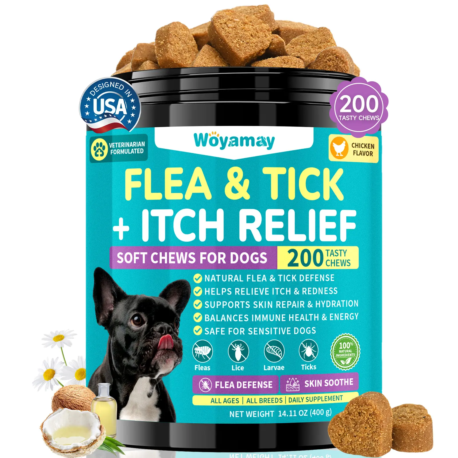 Woyamay Flea & Tick + Itch Relief for Dogs Chewables 200 Soft Chews Chicken Flavor Natural Flea Defense & Skin Repair for All Breeds Daily Supplement summerwins DealsForYouDays