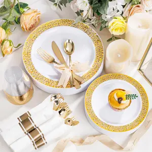 50 Guests Dinnerware Sets, Gold Plastic Plates，Platos Para Fiestas Elegantes Desechables Include:50 Dinner Plates, 50 Dessert Plate, 150 Pcs Gold Plastic Silverware, 50 Cups for Party