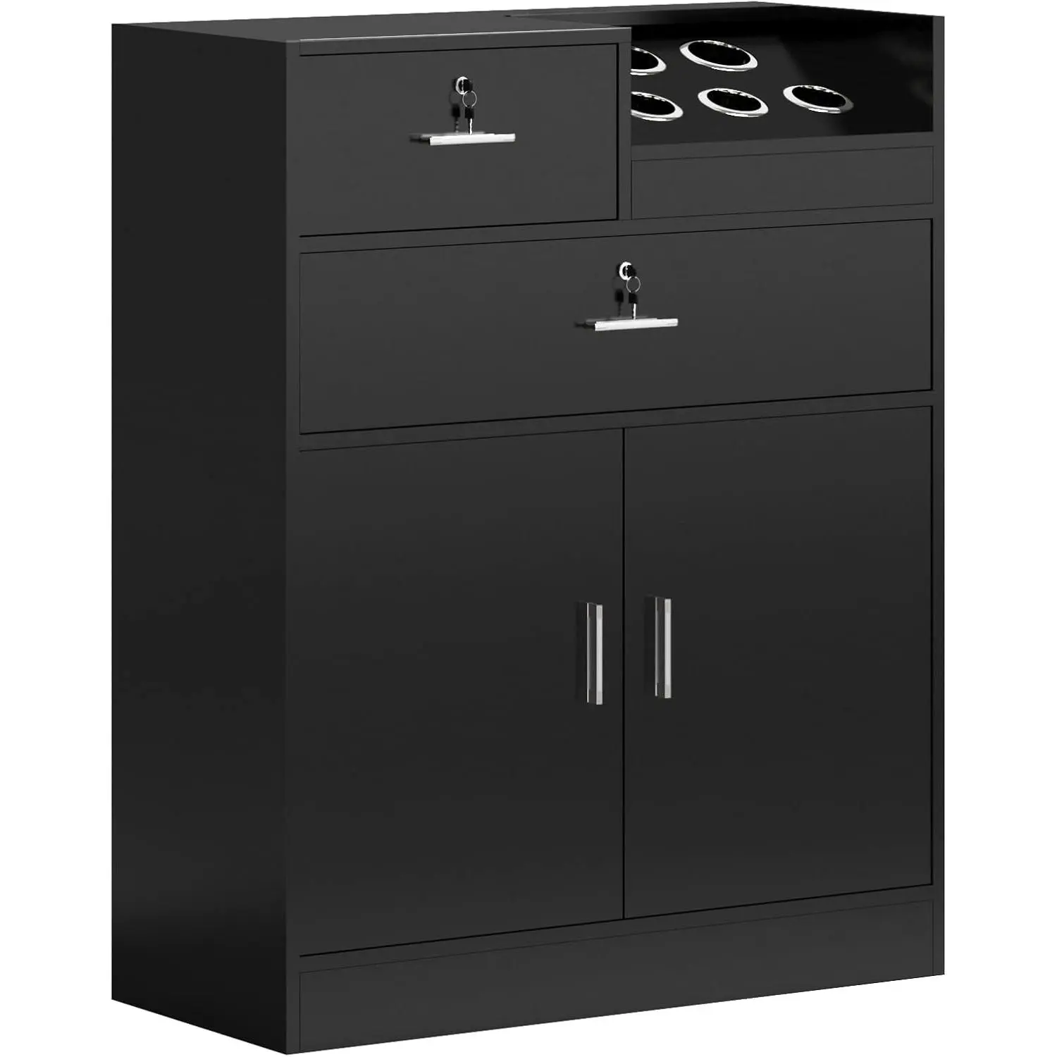 OmySalon Salon Storage Cabinet with Lock, Beauty Barber Salon Styling Station Organizer Equipment,Hair Stylist Station with 5 Hair Dryer Holders,Two Drawers,One Cabinet