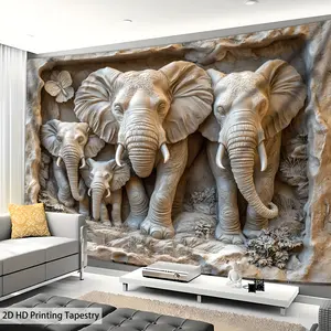 2D flat model, 1 oversized stone carved elephant family photo background wall tapestry - home decoration - high definition digital printing - polyester material - suitable for living room, bedroom, office dormitory, with hanging clip, 2D flat model