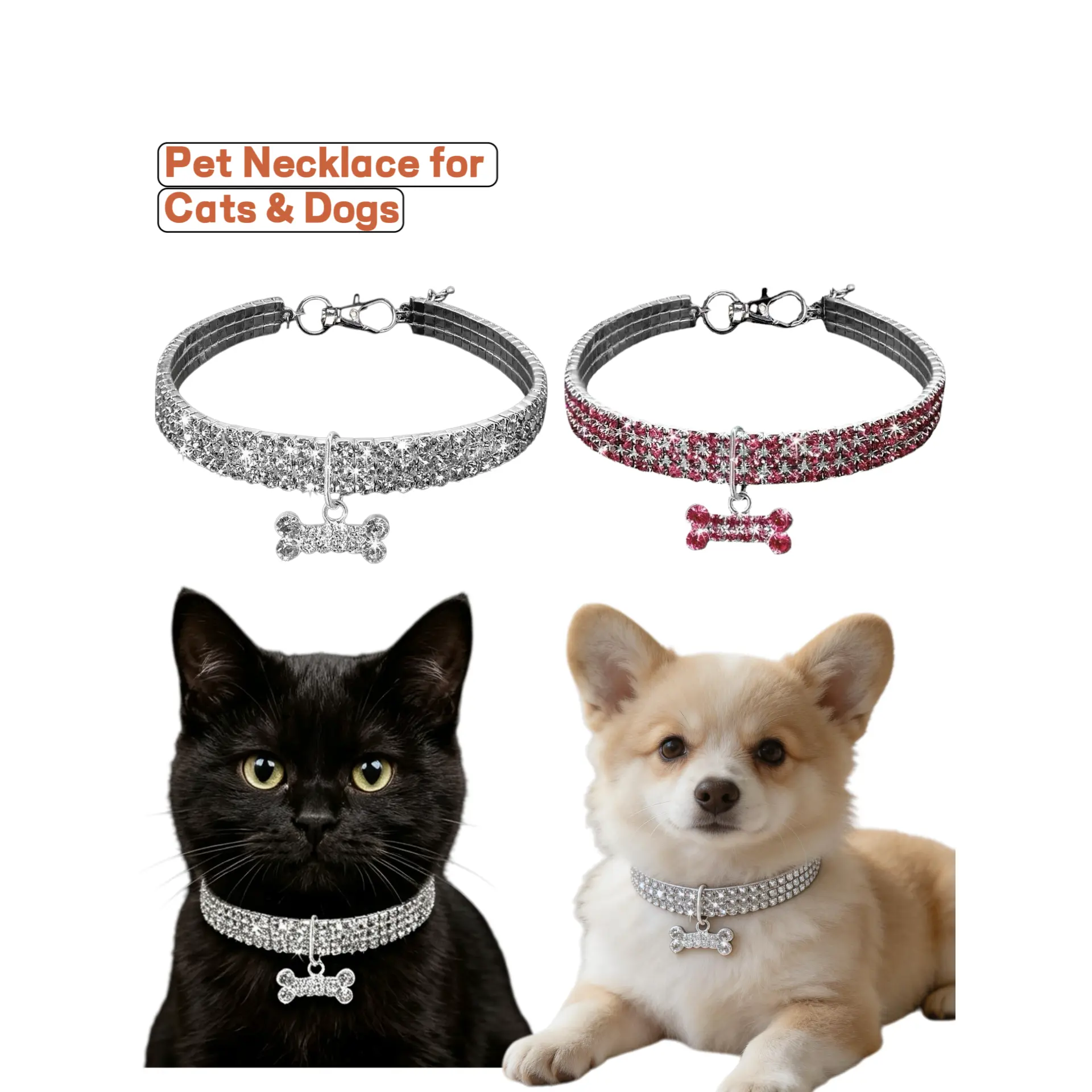 Adjustable Collars for Small Dogs & Cats - 3-Row Stretchy Rhinestone Artificial Leather Collar, Sparkling Look Bling Crystal Necklace with Bone Charm, Elastic Pet Jewelry