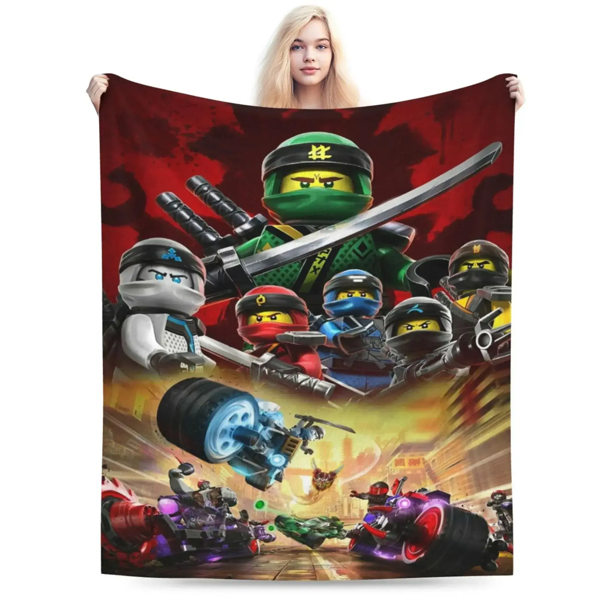 Oriental Ninja Warrior Art Print Flannel Throw Blanket, Soft Warm Cozy Lightweight Cover for Living Room Sofa Bedroom Office Travel, Multi Purpose Fantasy Warrior Home Decor Comfort Layer