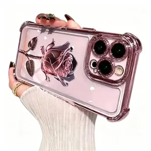 Pink rose electroplated pattern, drop-proof and non-slip TPU phone case, compatible with iPhone 17 Air, 16 Pro Max, 15 Plus, 14, 13, 12, 11. A unique phone case that can be given as a gift to boys or girls. iPhone Pro Max cases.