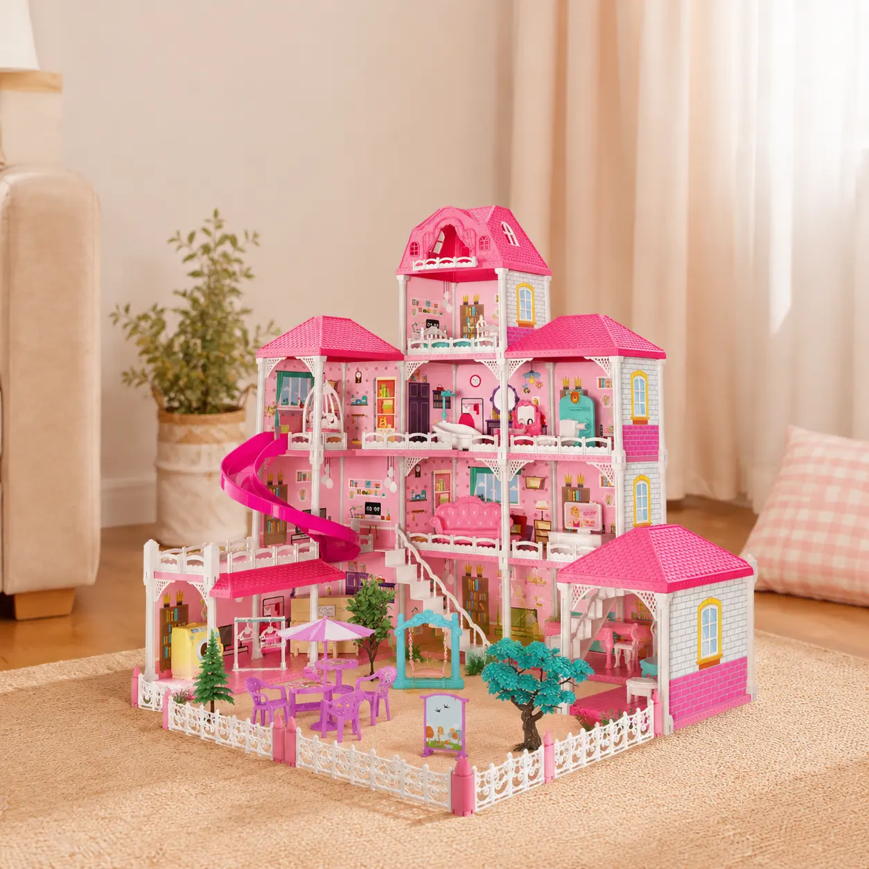 Indoor Pink Doll Villa Building Block Set for Girls Aged 3+,Fully Equipped Dollhouse with Bright LED Lights and Play Slide,Well-Planned Multi-Room Layout,Living Room,Kitchen,Music Room,Attic and Bedroom,Girl-Friendly Lovely Appearance