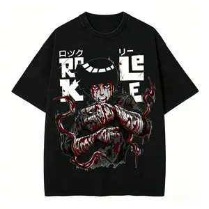Men's Rock Lee Naruto Anime Manga Vintage Washed Heavy Cotton Oversized Short-Sleeve Round Neck Casual Menswear T-Shirt, Double-Printed Retro Unisex Streetwear Graphic Top, Taijutsu Fighter Edition Multi-Color Anime Merch Gift Tsh