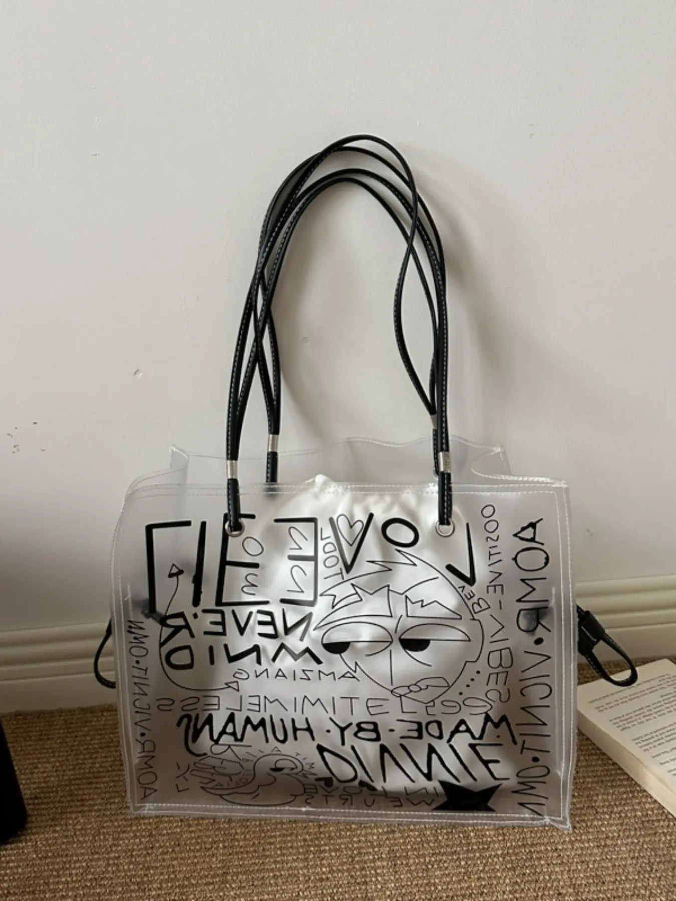Trendy Transparent Letter Pattern Bag, Fashion Patterned Bag, Fashionable Minimalist Large Capacity Lightweight Tote, Stylish and Chic Accessory