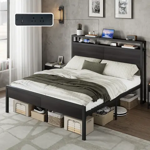 AMERLIFE Bed Frame with Storage Headboard & Charging Station, Industrial Metal Platform Bed with Large Under-Bed Storage, Heavy Duty Slats, No Box Spring Needed[TikTokShopFallDealsForYou]