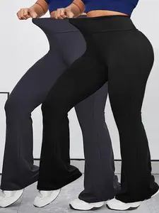 【Plus Size】 Solid Flare Leg Sports Leggings, Sporty Comfy Breathable Bell Bottom Tummy Control Trousers for Yoga Gym Workout Running, Flared Yoga Bottoms, Women's Sport & Outdoor Clothing for All Seasons