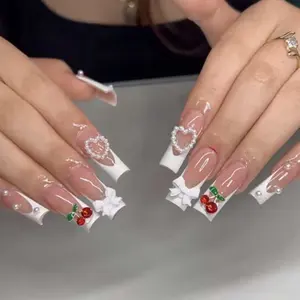 A23 White French Tip Cherry Charm Press On Nails Set Heart Pearl Charm Design White Bow Acrylic Nude Long Coffin Square Medium Long Lasting Durable 24 Piece Set