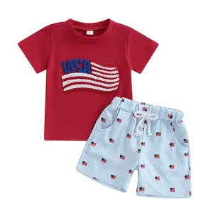 Toddler Baby Boy 4th of July Outfit USA Flag Embroidery Shorts Sleeve Tops T Shirt Striped Shorts Toddler Fourth of July Clothes