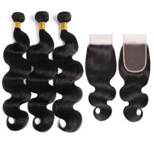 【Gefily】Bundles with Closure Human Hair Body Wave 26 28 30 Inch 100% Unprocessed Brazilian Virgin Hair Extensions Natural Color For Women