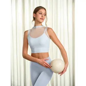 BERLOOK Light Blue Mesh Panel Mock Neck Sleeveless Tank Top - Soft Spandex-Nylon Sports Apparel, Athletic Style Activewear for Leggings Pairing, Sleeveless Gym Top & Yoga Workout Vest