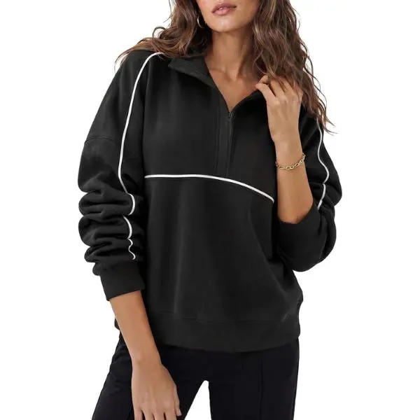 FISOEW Women's Soft Comfortable Long-Sleeve Collared Zipper V-Neck Loose Pullover Sweatshirts - Multi-Size Casual Fashion Outfits (Sweatshirts for Women), Longsleeves, Pullover Top, V Neck Zip, Boxy Fit Women's Pullover Sweatshirts