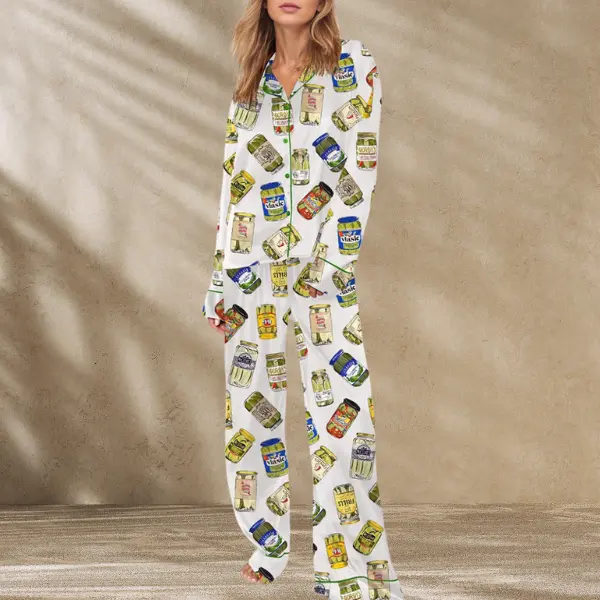 Vintage Canned Pickles Pajama Set for Women - Fun Short Sleeve Top & Matching Shorts Featuring Whimsical Pickle Designs for Cozy Comfort