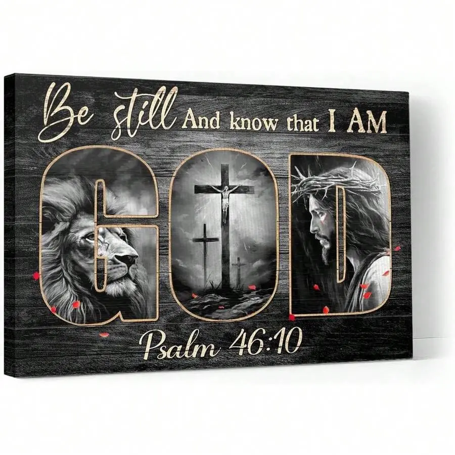 1pc Waterproof Christian Canvas Wall Art - Lion & Jesus Cross Framed Poster, Christmas Inspirational Quotes Home Decor, Ready To Hang, Water Proof