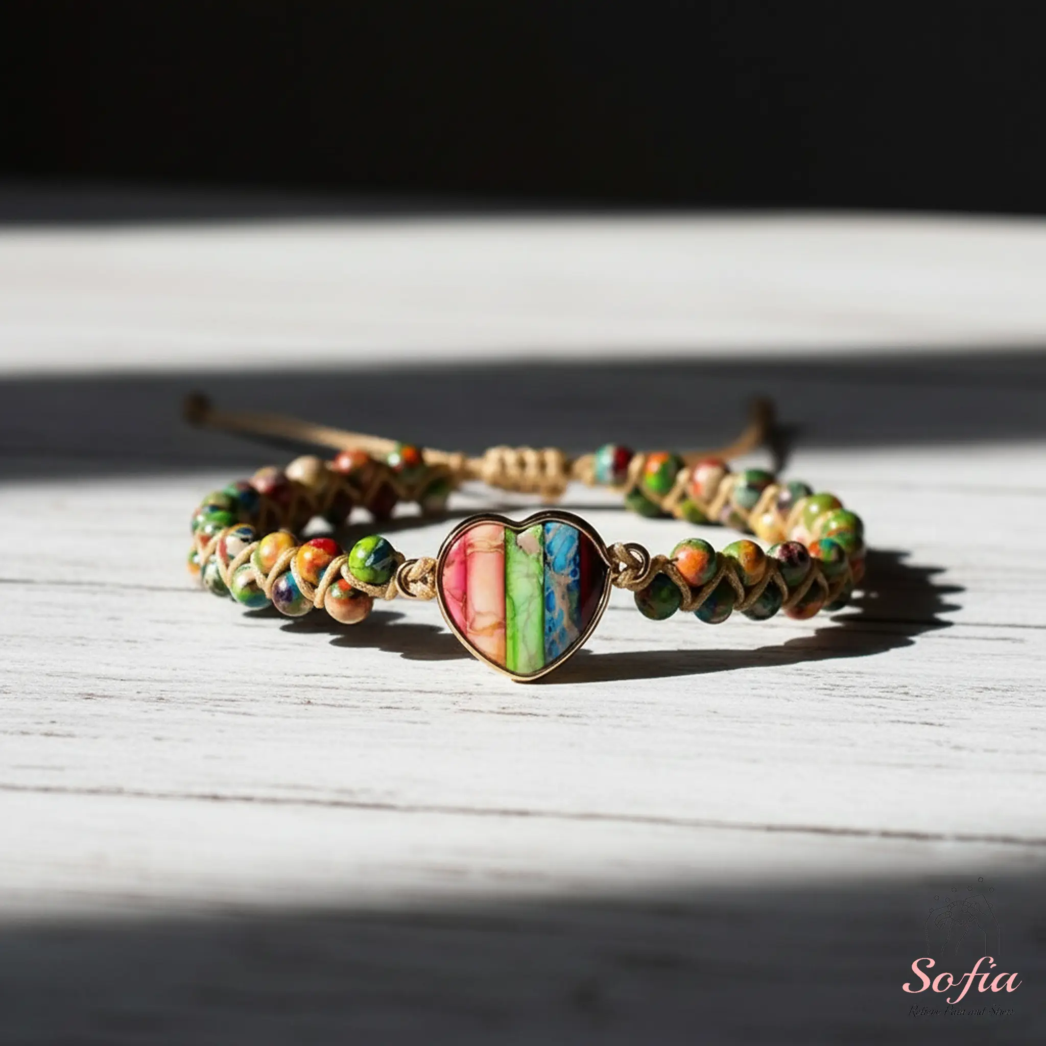 Sofia Chakra Healing Bracelet with Opalite Heart Charm Natural Stone Crystal Boho Style Adjustable for 6-7.5 Inches Wrist Festive Jewelry Gift for Mom