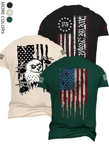 Men's 3-Pack Patriotic 'We The People' T-Shirt Set - Bald Eagle & Distressed US Flag Graphic Prints, Classic Crew Neck Relaxed Fit, for Patriotic Events, Military, Casual Style & American Pride Self-Expression, Constitutional Statement Tees Bu