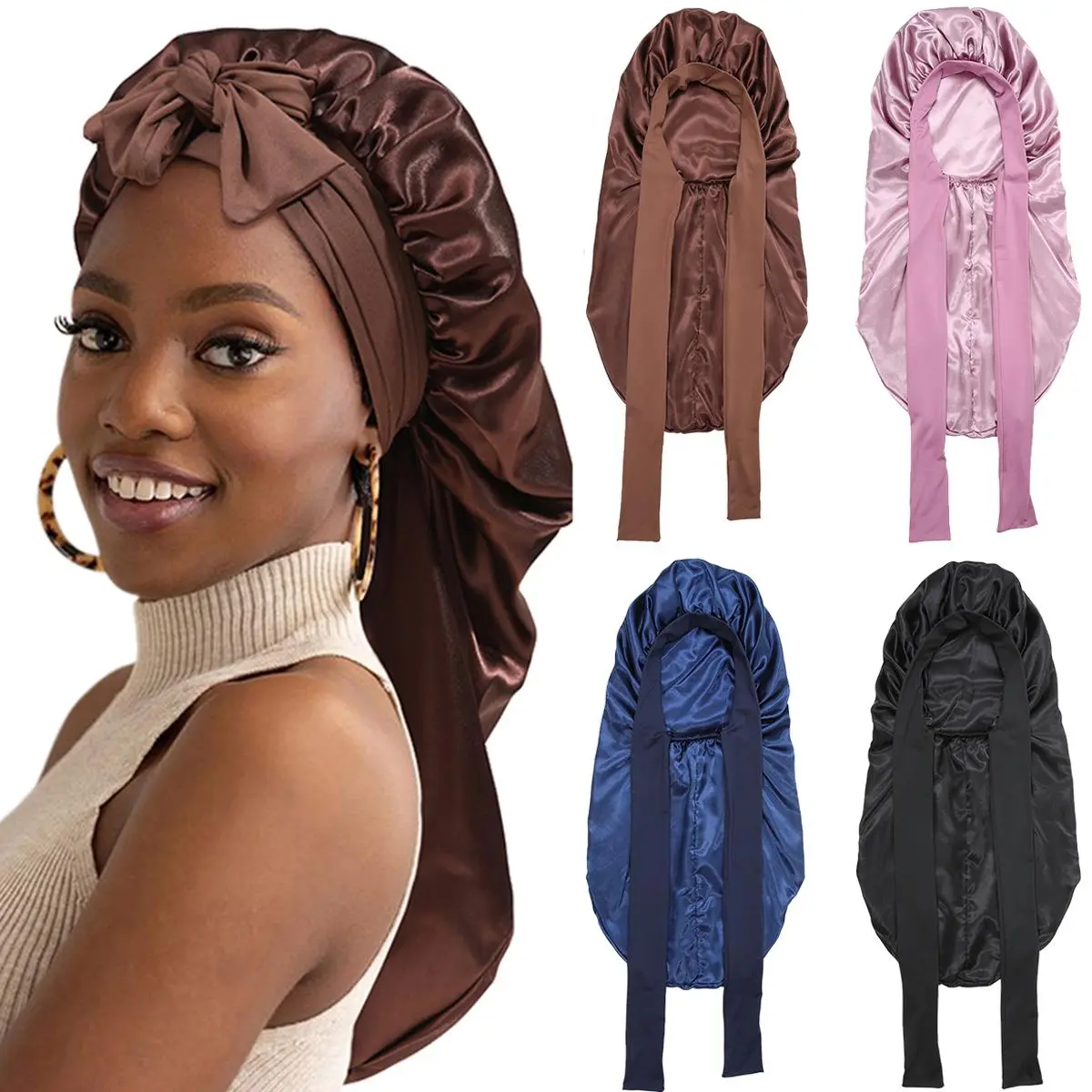 AWAYTR Hair Bonnet for Women, Long Solid Satin Nightcap, Double Layered Hair Styling Cap with Elastic Tie Band for Sleeping and Braids