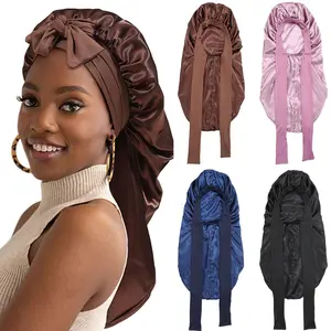 AWAYTR Solid Color Long Nightcap for Women Satin Double Layered Sleeping Hat Tie Band Elastic Hair Care Bonnet TikTokShopBlackFriday