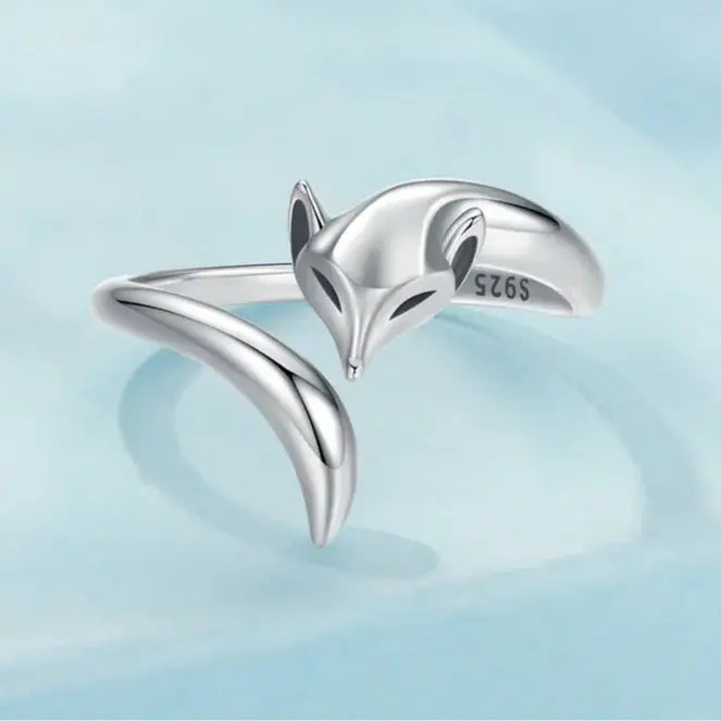 Genuine 925 Sterling Silver Curious Fox Adjustable Ring (Size 6.5-8.5)