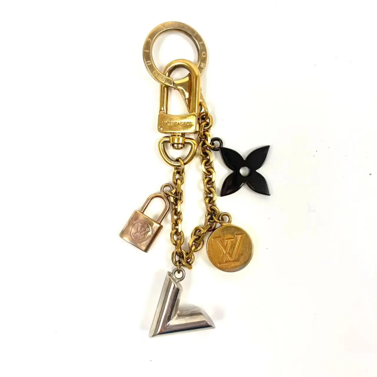 Pre-owned Louis Vuitton metals Bag Accessories Keychain Gold Tone Chain, Lock Charm, Monogram Pendant