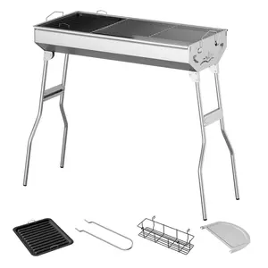 Portable Charcoal Grill, Upgraded Foldable Large BBQ Grill with Side Prep Shelf & Seasoning Storage Rack, Durable Stainless Steel Frame, Ideal for 6–8 People, Perfect for Backyard, Patio, Picnic, Camping & Travel Compact Double-Sided Firebox outdoorfun