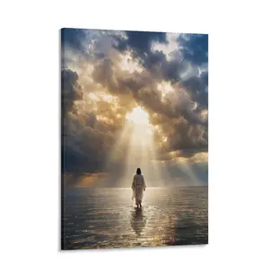 Christian Art.Digital art of Jesus walking on water: Christian murals of the Bible in heavenly light