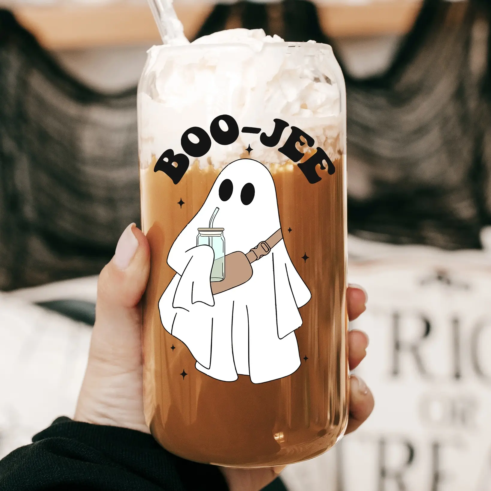 Boo-Jee 40oz Glass Tumbler with Lid and Straw, Iced Coffee Drinkware, Gift for Her, Acrylic Tumbler, water bottle for women, spooky gifts, Reusable Water Bottle, Drinking Tumbler