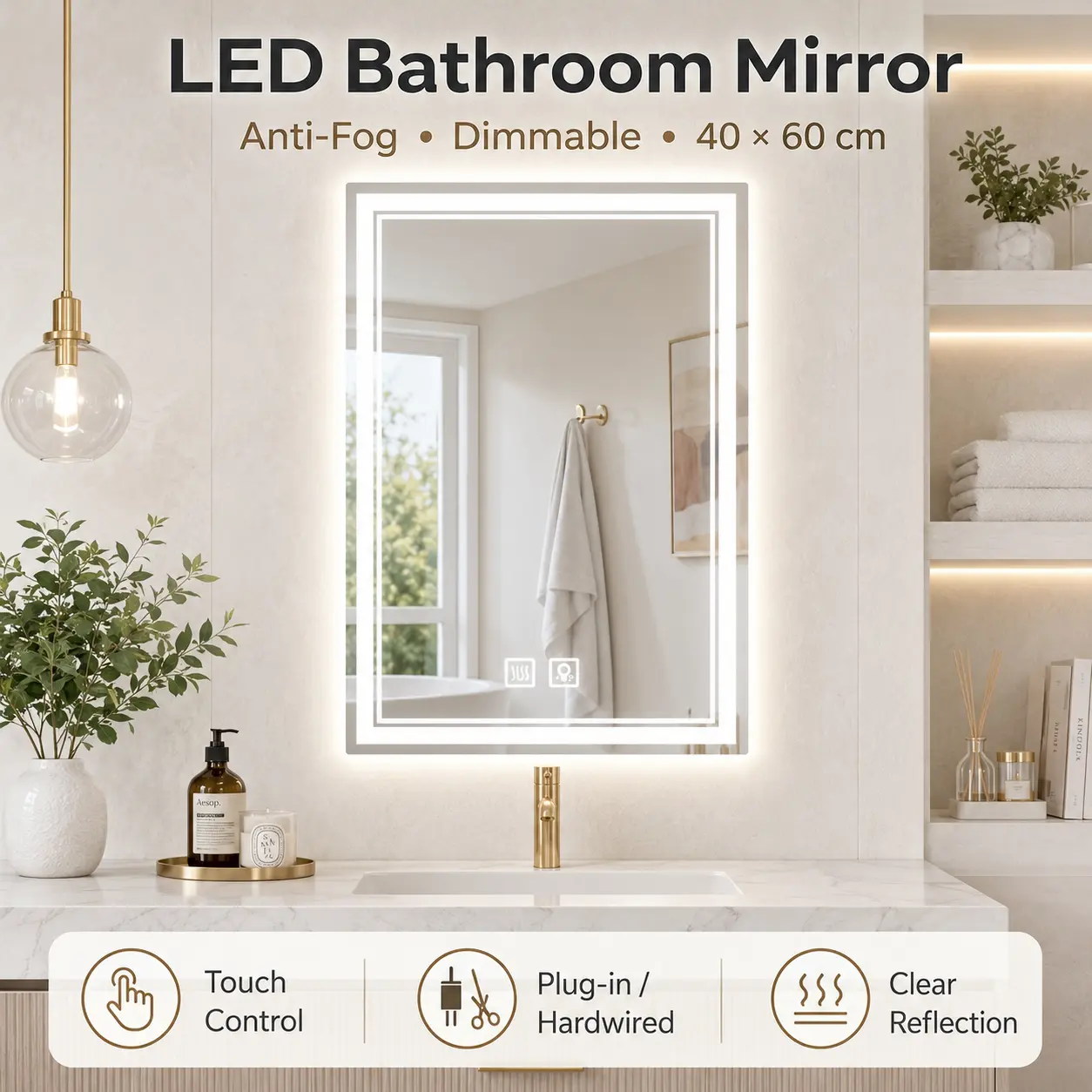 SHAMATE 16x24 Inch LED Bathroom Vanity Mirror, Dimmable Anti-Fog Polished Glass Mirror with Smart Touch Screen, Plug-In or Hardwired Double Front Shower Light Fixture wall-mounted