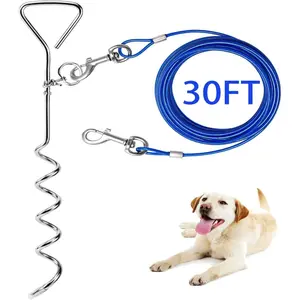 30ft Dog Tie Out Cable Anti Rust Spiral Stake Heavy Duty Leash for Medium-Large Dogs Up to 125 lbs Blue