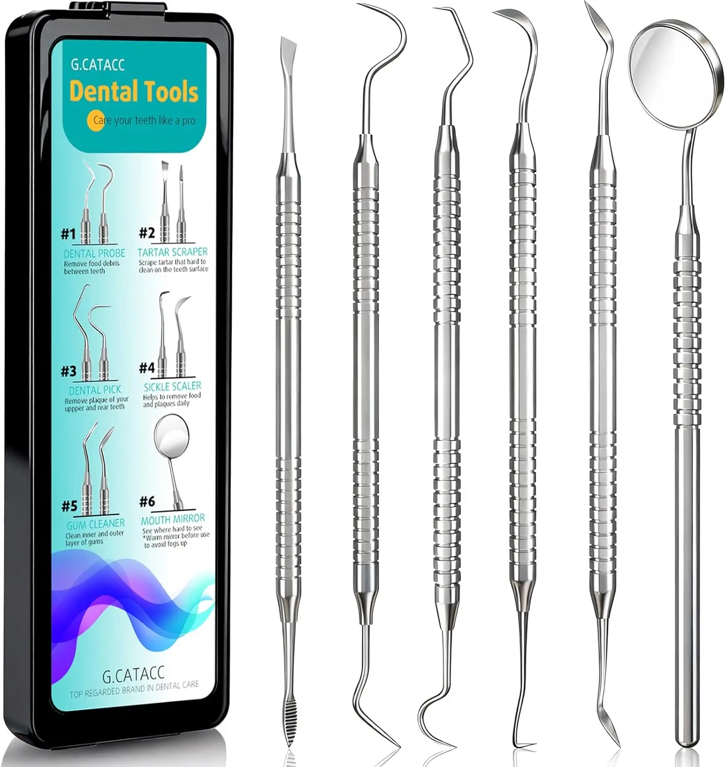 Dental Hygiene Kit for At-Home Oral Cleaning, 6-Piece Stainless Steel Tool Set with Tongue Scraper, Silicone Caps & Travel Case for Plaque Removal