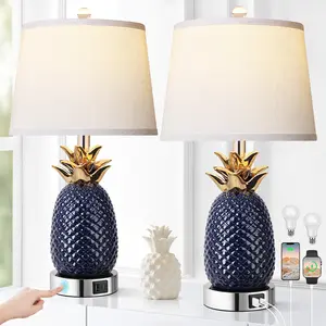 22" Pineapple Table Lamp (Set of 2), 3-Way Dimmable Ceramic Table Lamp for Living Room, Navy Blue Modern Table Lamp with USB Port, Tall Coastal Table Lamp for Bedroom or Home Office
