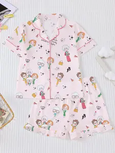 The Golden Girls Children's Collared Pajama Set - Flame-Retardant New Short Sleeve Button-Up Shirt with Collar and Shorts, Cartoon Print Homewear, Suitable for Kids and Teenagers for Outdoor and Home Wear, Holiday Edition Pajamas, Sleepwear Pajamas
