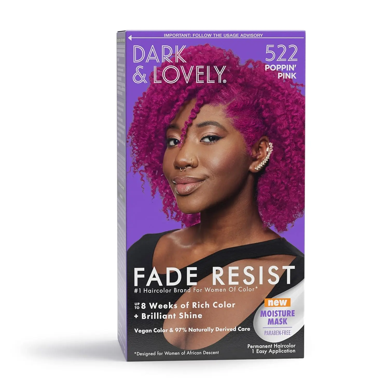 Dark & Lovely Fade-Resist Permanent Hair Dye Kit, Poppin Pink, Vegan Color with Sunflower Oil and Moisturizing Mask for Textured, Curly Hair, Moisturizer, Olive, Haircare, Argan, Nourishing, Moisture, Textured Hair